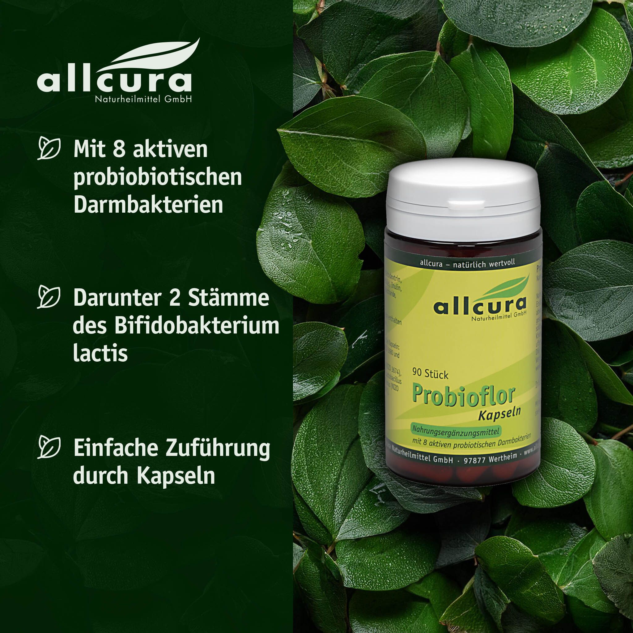Braune Dose mit weißem Deckel, umgeben von Blättern. Aufschrift: allcura Probioflor Kapseln.