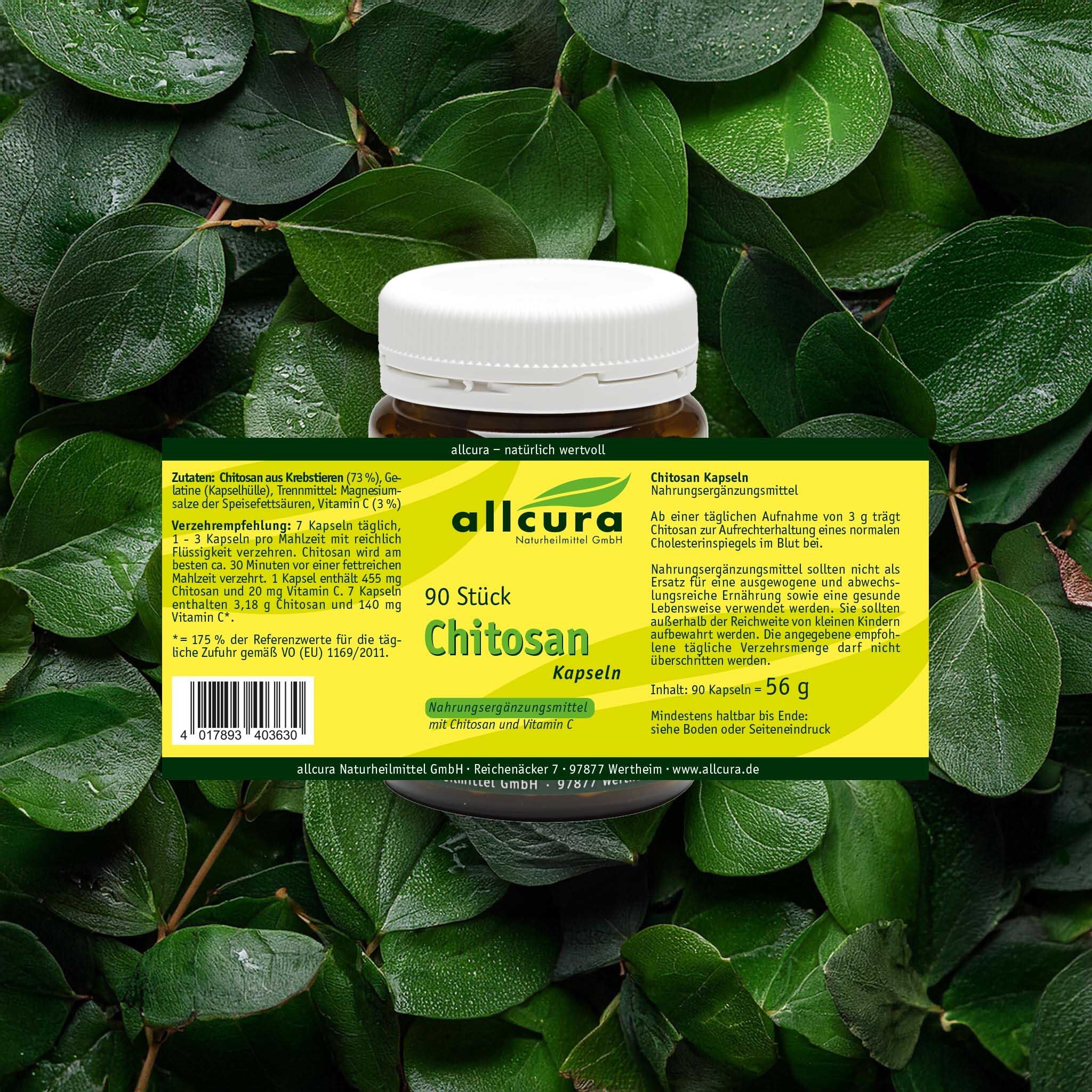 Flacon brun, bouchon blanc. Inscription: allcura Chitosan Kapseln. 90 pièces. Avec vitamine C. Sur feuilles.