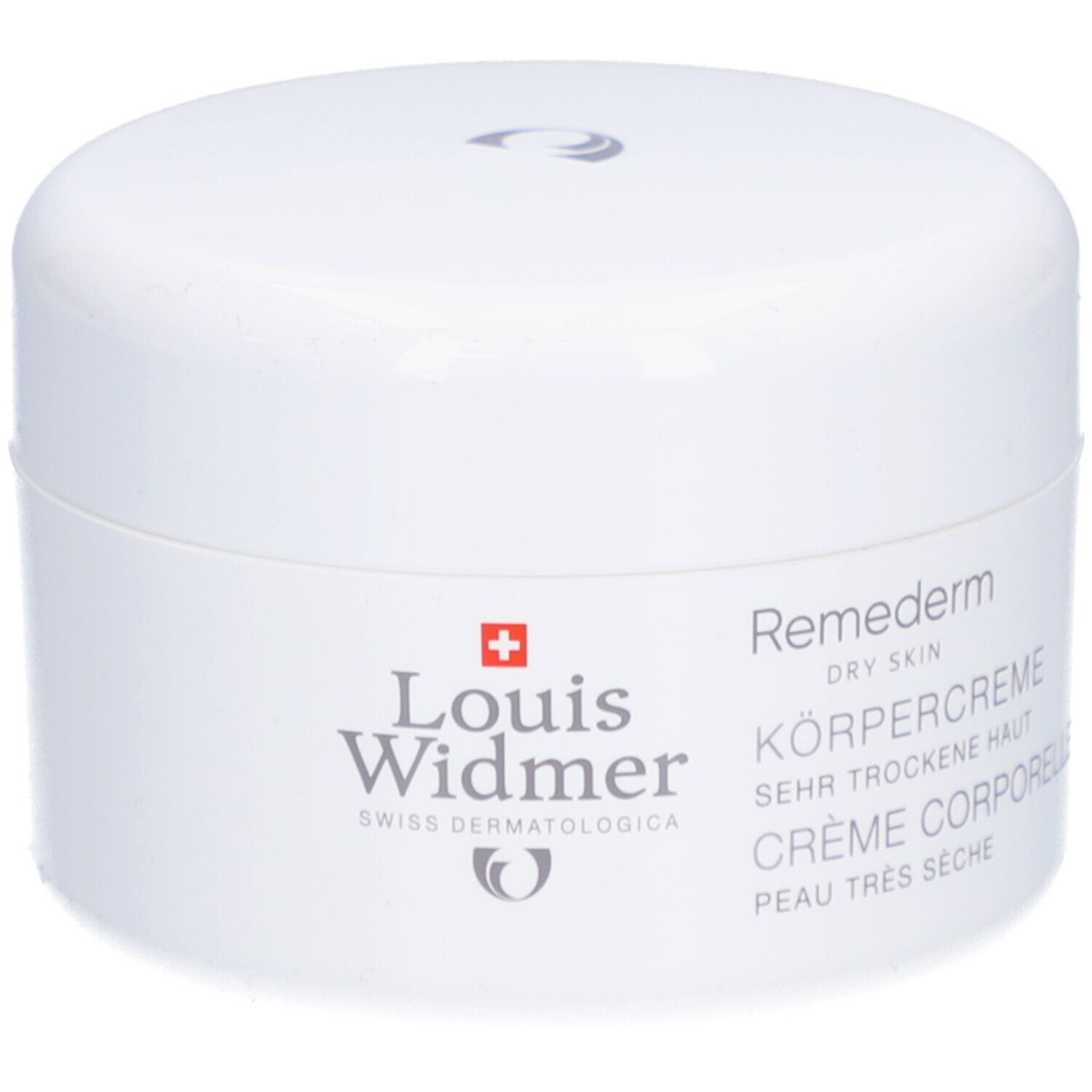 Pot blanc avec couvercle. Inscription: Louis Widmer, Remederm, Crème corporelle, peau très sèche.