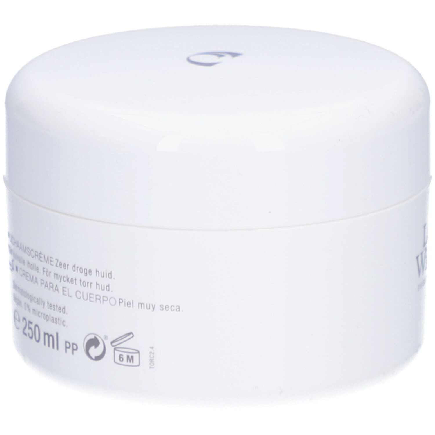 Pot blanc avec couvercle. Inscription: Remederm, Crème corporelle, peau très sèche. 250 ml.