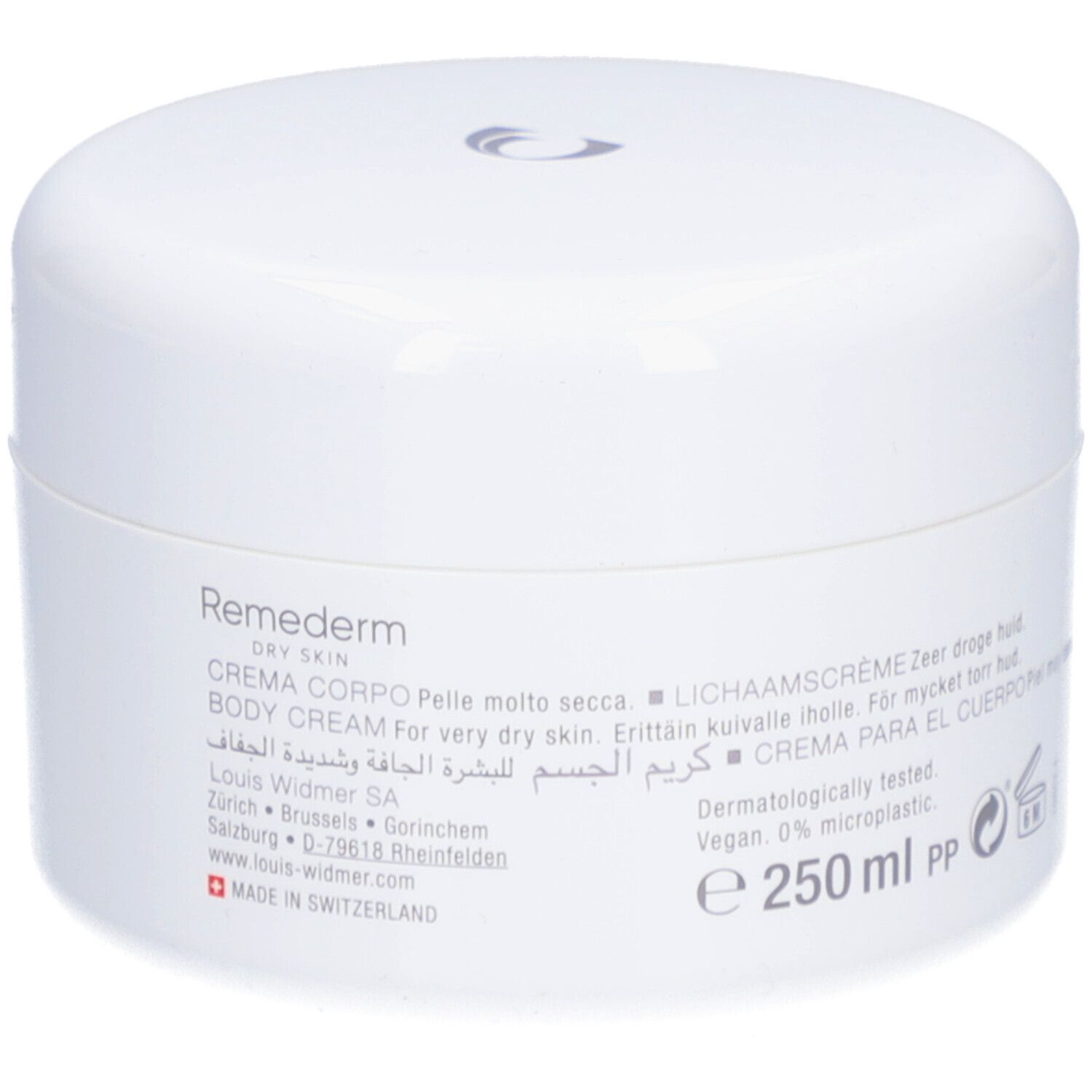 Pot blanc avec couvercle. Inscription: Remederm, Crème corporelle, peau très sèche. 250 ml. Louis Widmer.
