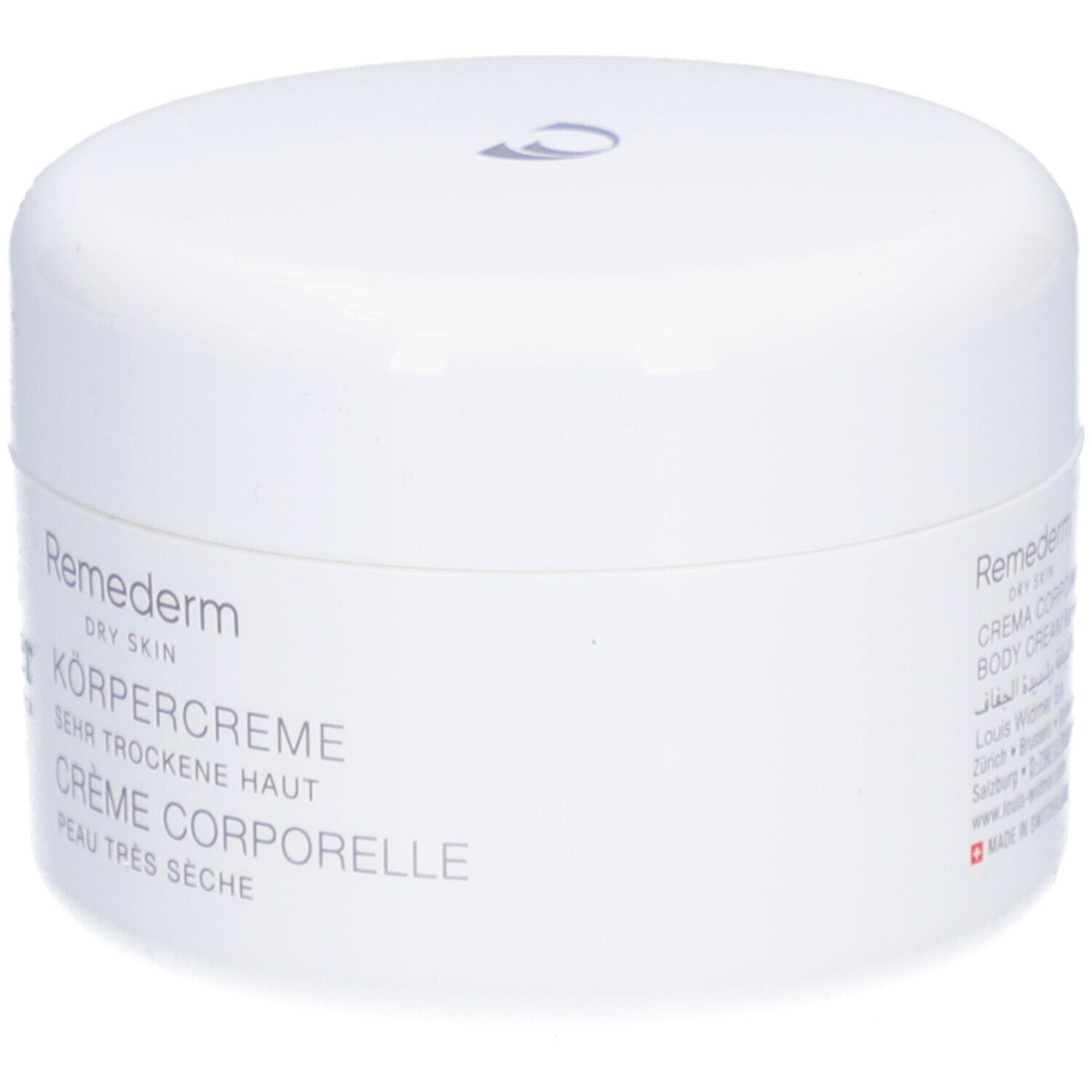 Pot blanc avec couvercle. Inscription: Remederm, Crème corporelle, peau très sèche.