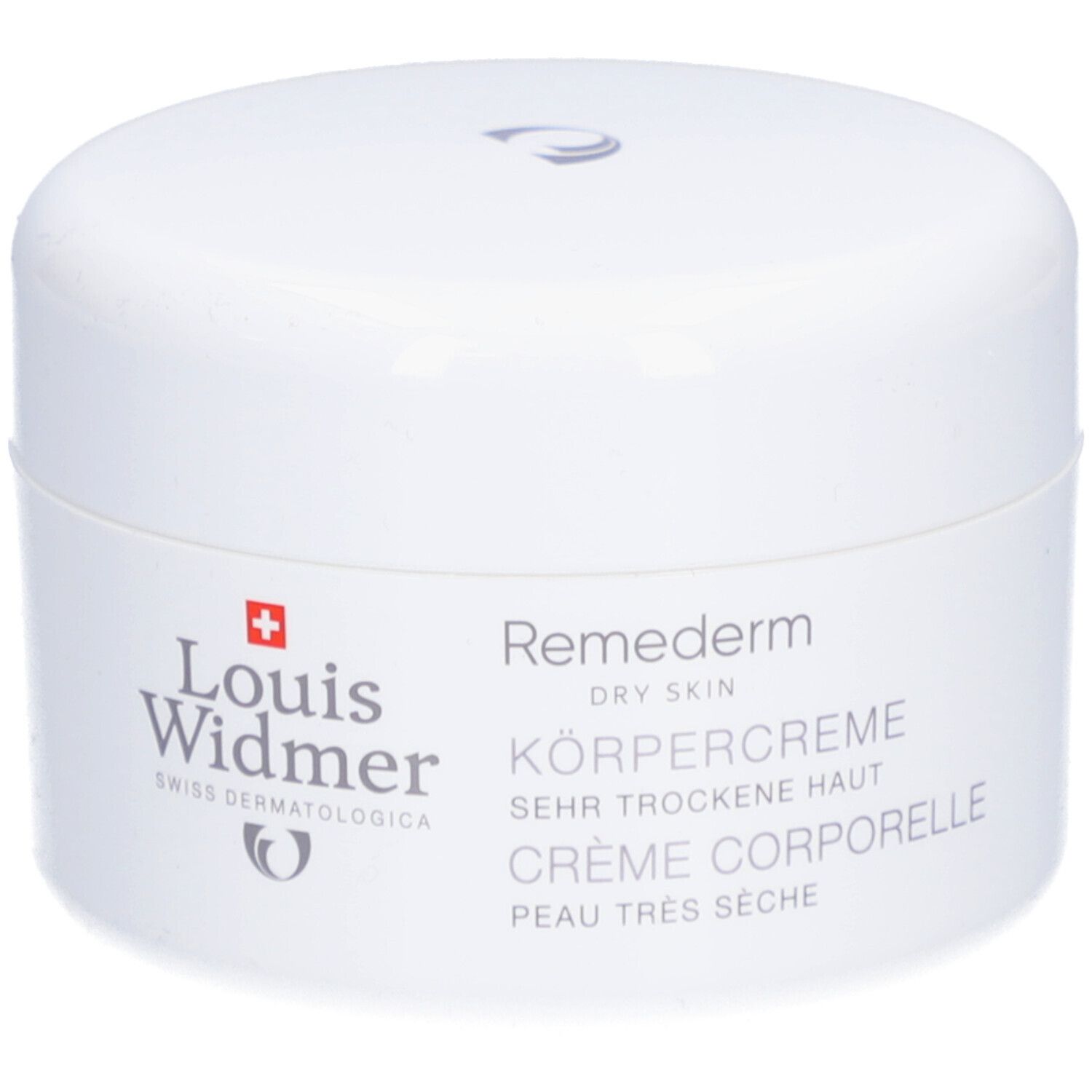 Pot blanc avec couvercle. Inscription: Louis Widmer, Remederm, Crème corporelle, peau très sèche.