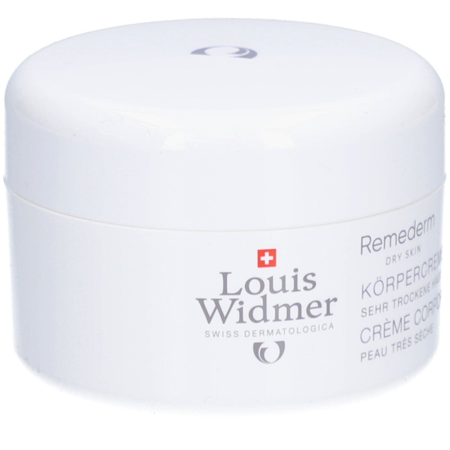 Pot blanc avec couvercle. Inscription: Louis Widmer, Remederm, Crème corporelle, peau très sèche.