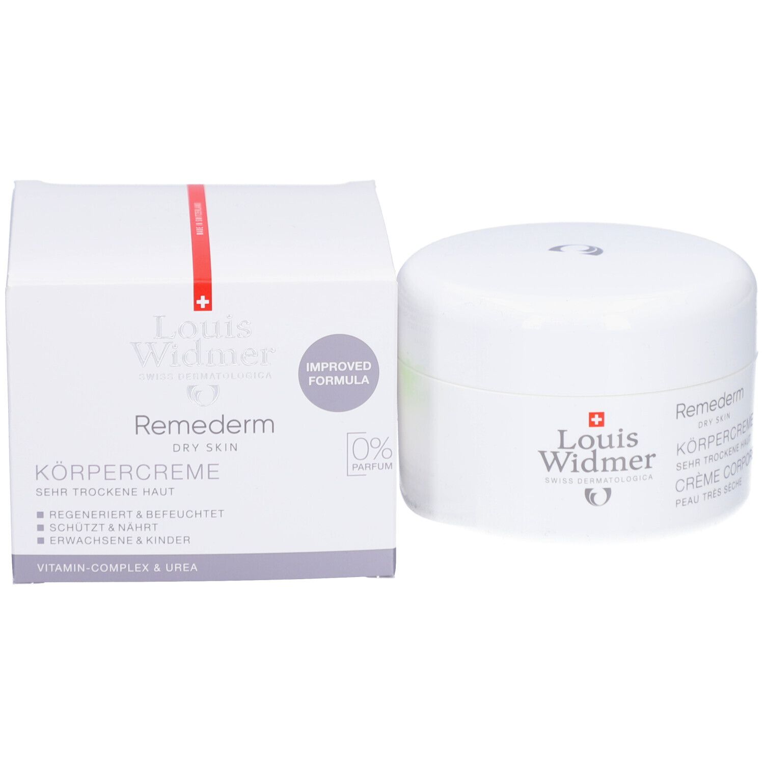 Pot et boîte blancs. Inscription: Louis Widmer, Remederm, Crème corporelle, peau très sèche. 0% Parfum. Formule améliorée.