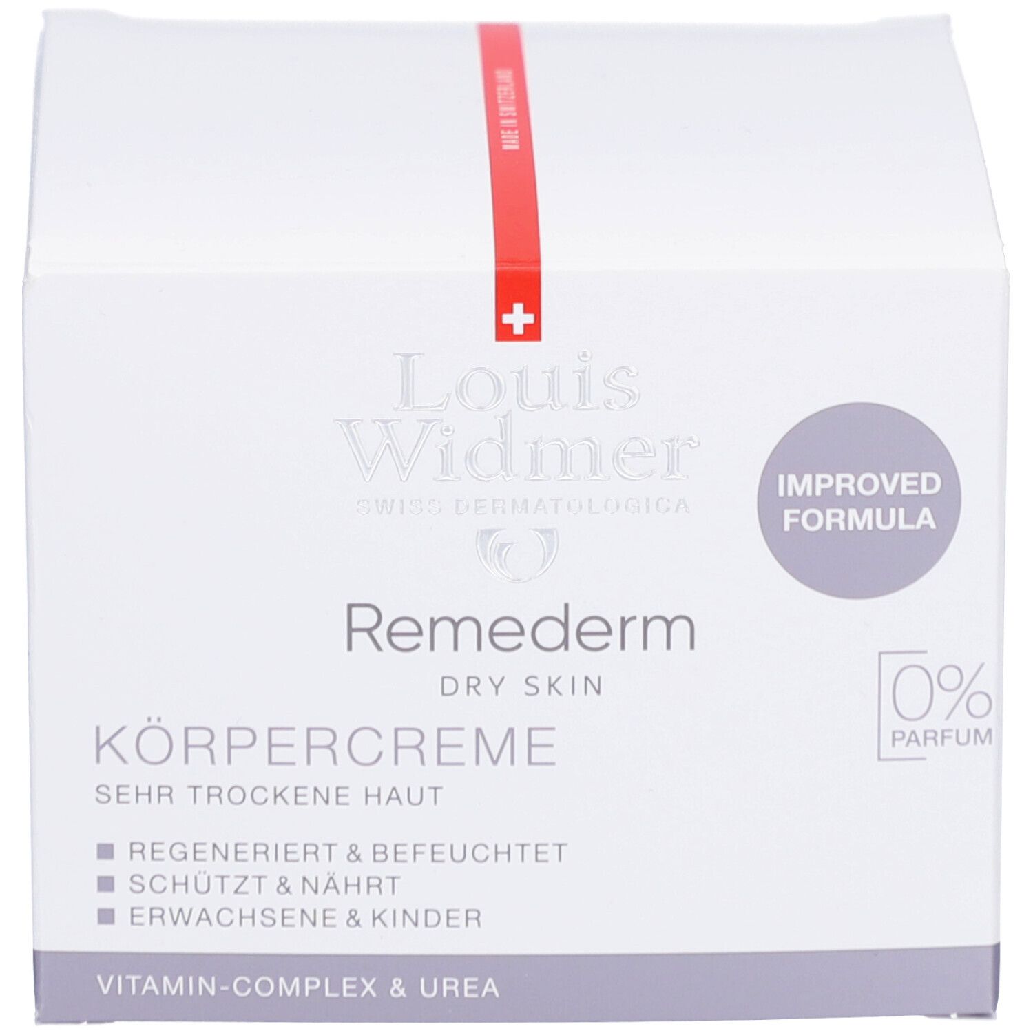 Boîte avec inscription: Louis Widmer, Remederm, Crème corporelle, peau très sèche. 0% Parfum. Formule améliorée. Bande rouge.