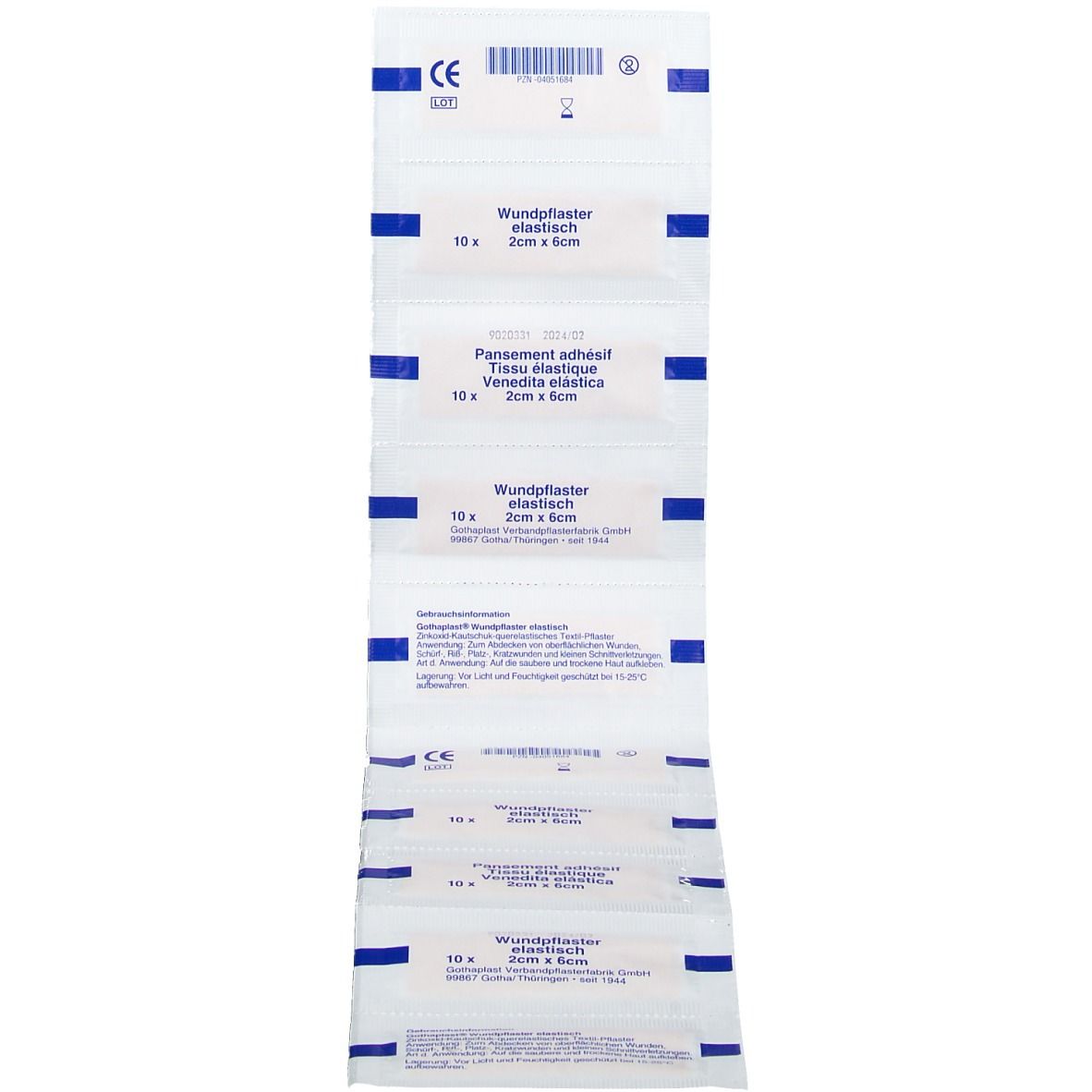 Emballage de 10 pansements élastiques 2 cm x 6 cm. Texte en allemand et français. Marquage CE.