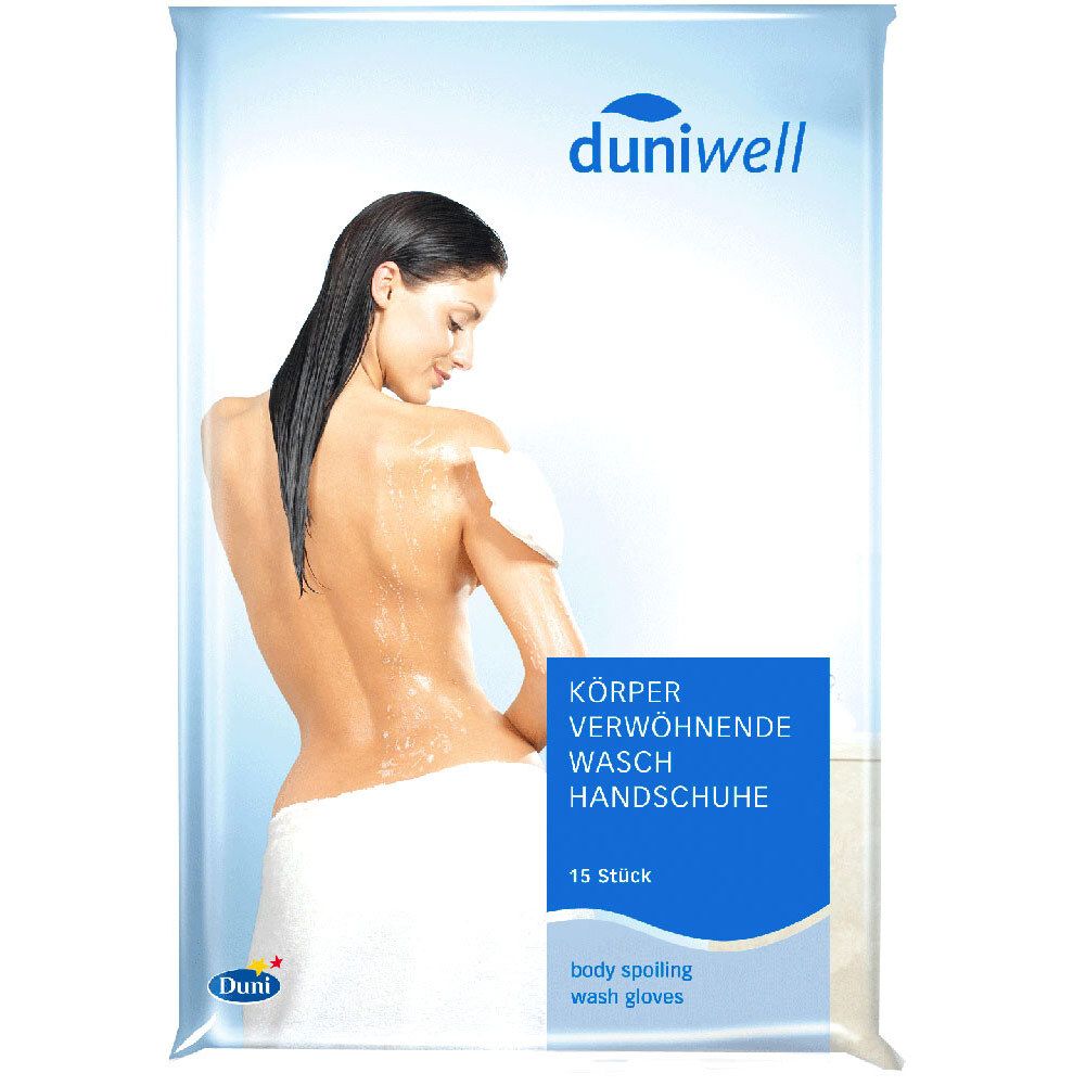 Paquet de gants de toilette. Femme se lave. Texte bleu : Körper verwöhnende Waschhandschuhe, 15 Stück, duniwell.
