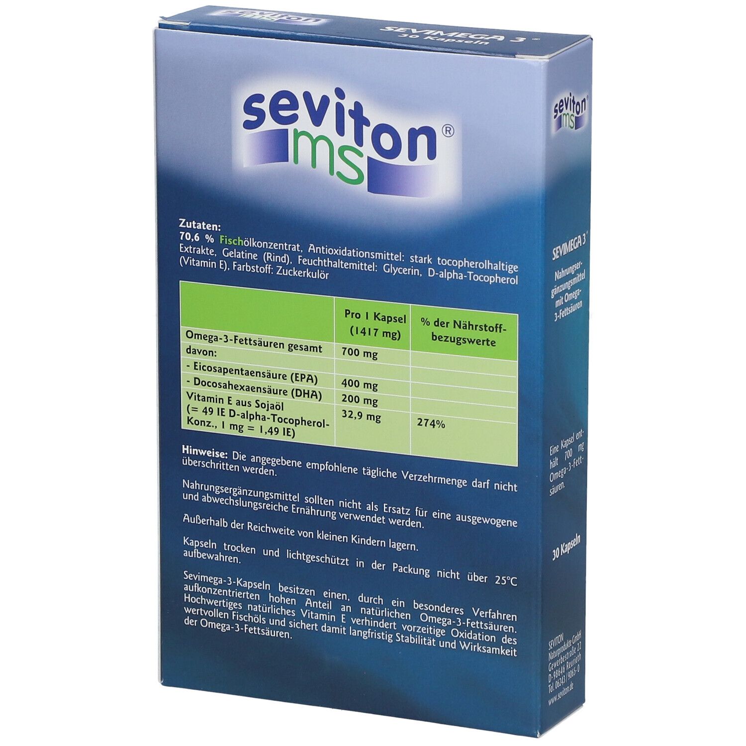 Boîte bleu et blanche SEVIMEGA 3®. Inscription : Complément alimentaire avec acides gras oméga-3. 30 gélules.