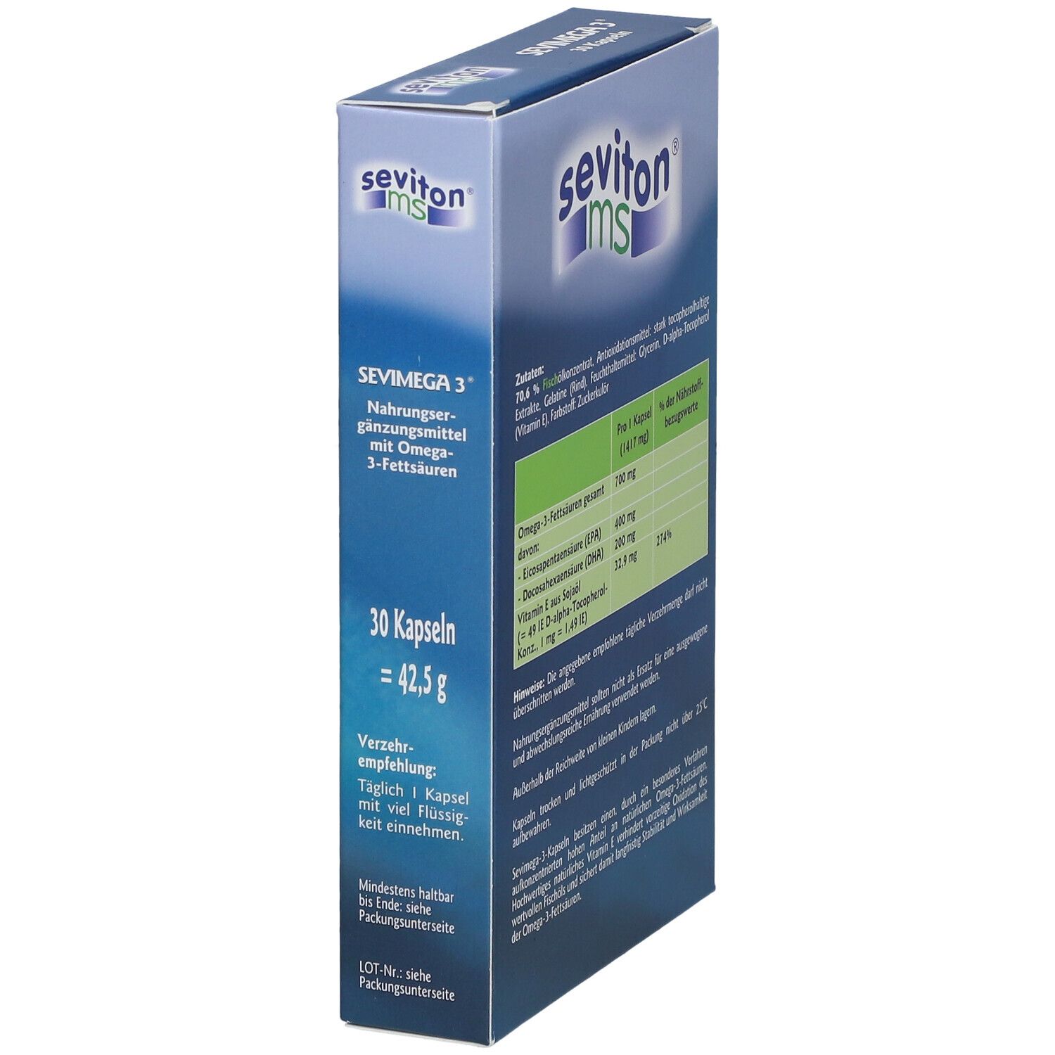 Boîte bleu et blanche SEVIMEGA 3®. Inscription : Complément alimentaire avec acides gras oméga-3. 30 gélules.