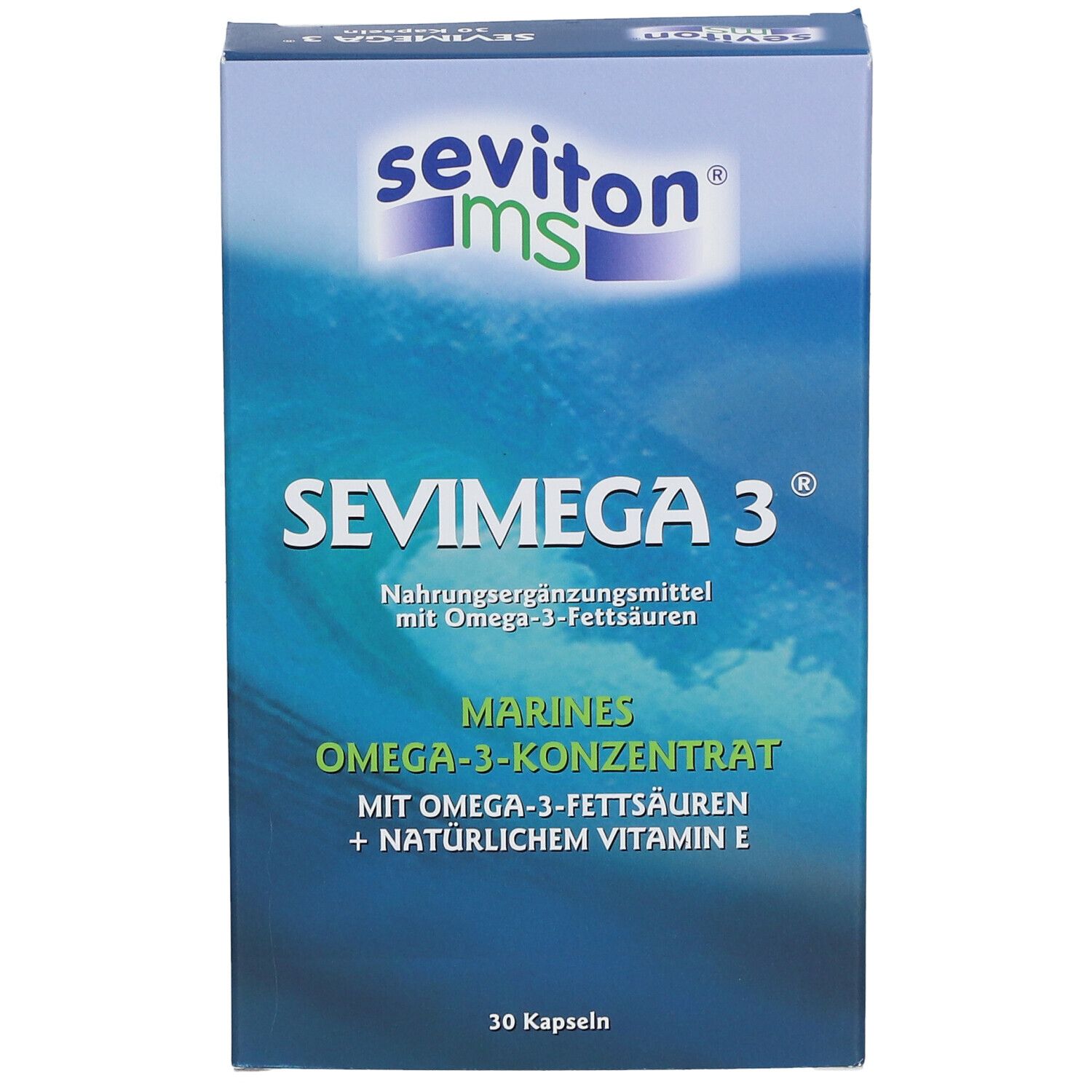 Boîte bleu et blanche SEVIMEGA 3®. Inscription : Complément alimentaire avec acides gras oméga-3. 30 gélules.