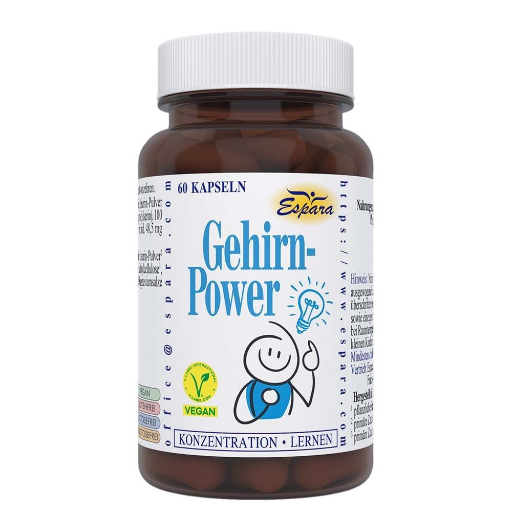 Flacon brun de gélules brunes, bouchon blanc. Inscription: Gehirn-Power, Espara, 60 gélules, Vegan.