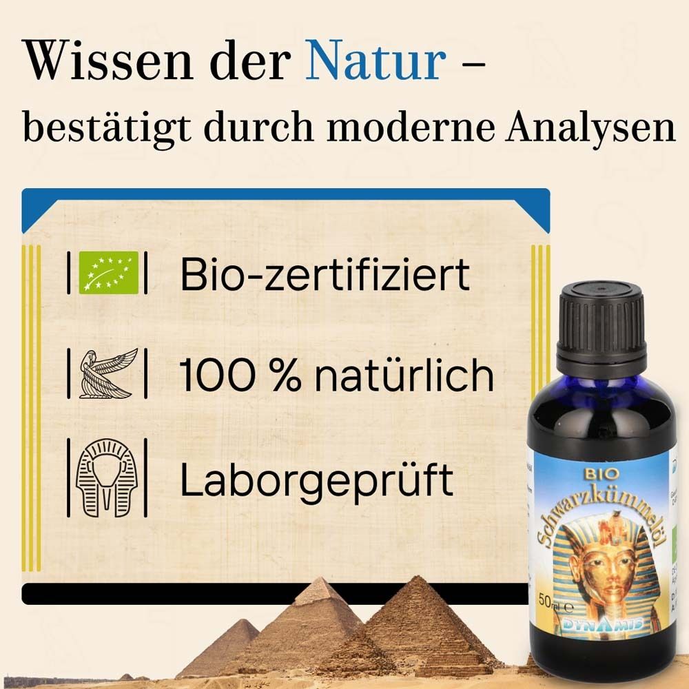 Image publicitaire avec flacon BIO-Schwarzkümmelöl, pyramides et texte : Savoir de la nature - bio-certifié, 100% naturel, testé en laboratoire.