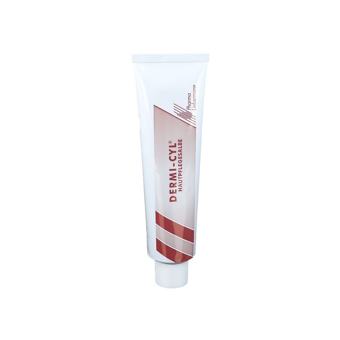 Tube Dermi-cyl® Hautpflegesalbe. Weiß, mit roter Beschriftung. Pharma Liebermann Logo. Aufschrift: Dermi-cyl® Hautpflegesalbe.