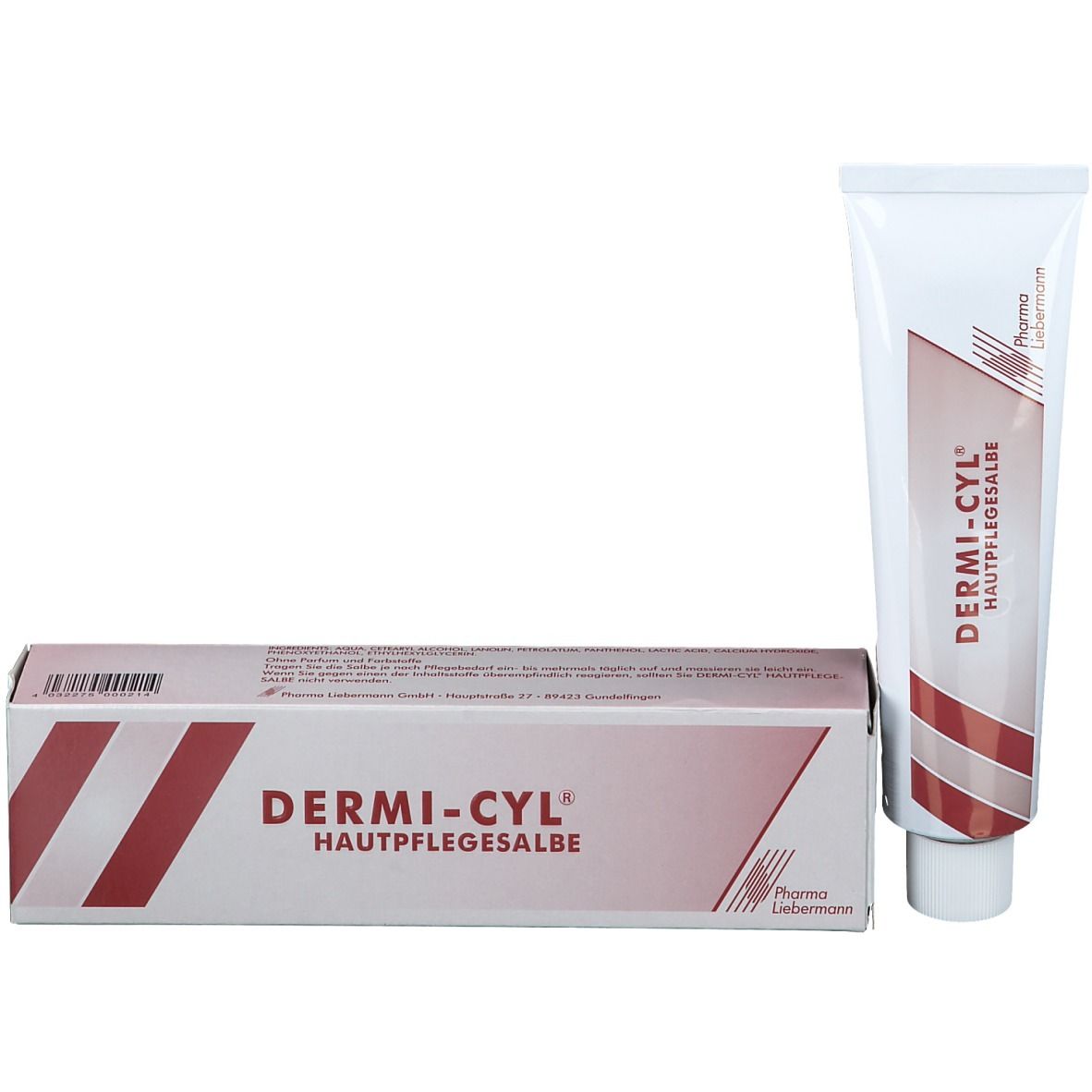 Dermi-cyl® Hautpflegesalbe Tube und Schachtel. Tube und Schachtel mit roter Beschriftung. Pharma Liebermann Logo.