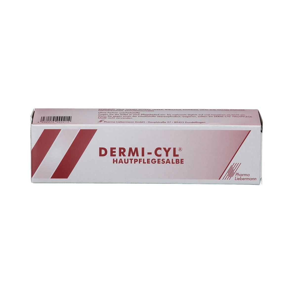 Schachtel Dermi-cyl® Hautpflegesalbe. Weiß mit roter Beschriftung. Aufschrift: Dermi-cyl® Hautpflegesalbe. Pharma Liebermann Logo.