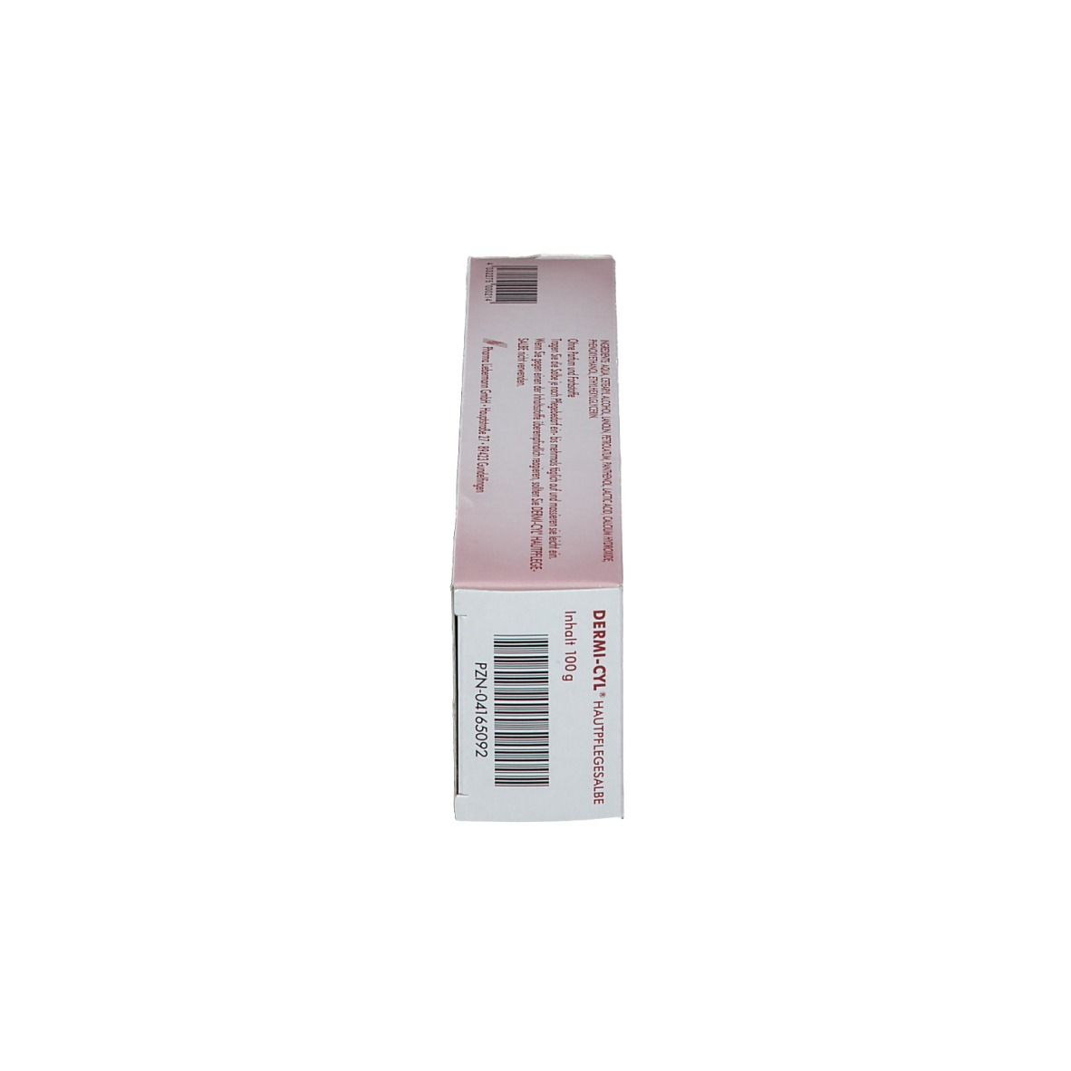 Seitenansicht der Schachtel Dermi-cyl® Hautpflegesalbe. Weiß mit roter Beschriftung. Textinformationen und Barcode.