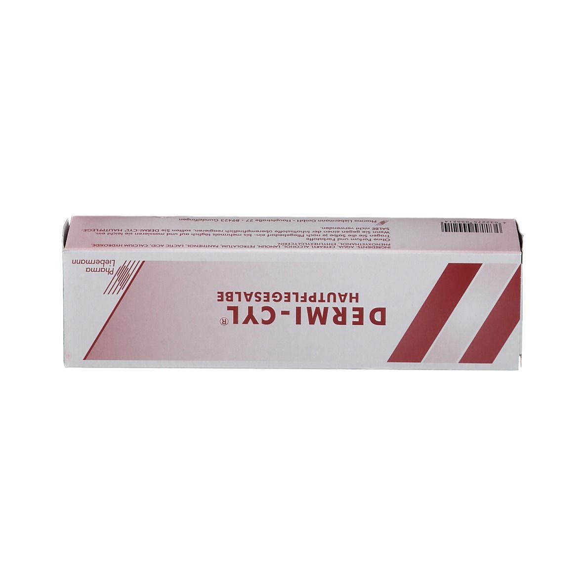 Schachtel Dermi-cyl® Hautpflegesalbe. Weiß mit roter Beschriftung. Aufschrift: Dermi-cyl® Hautpflegesalbe. Pharma Liebermann Logo.