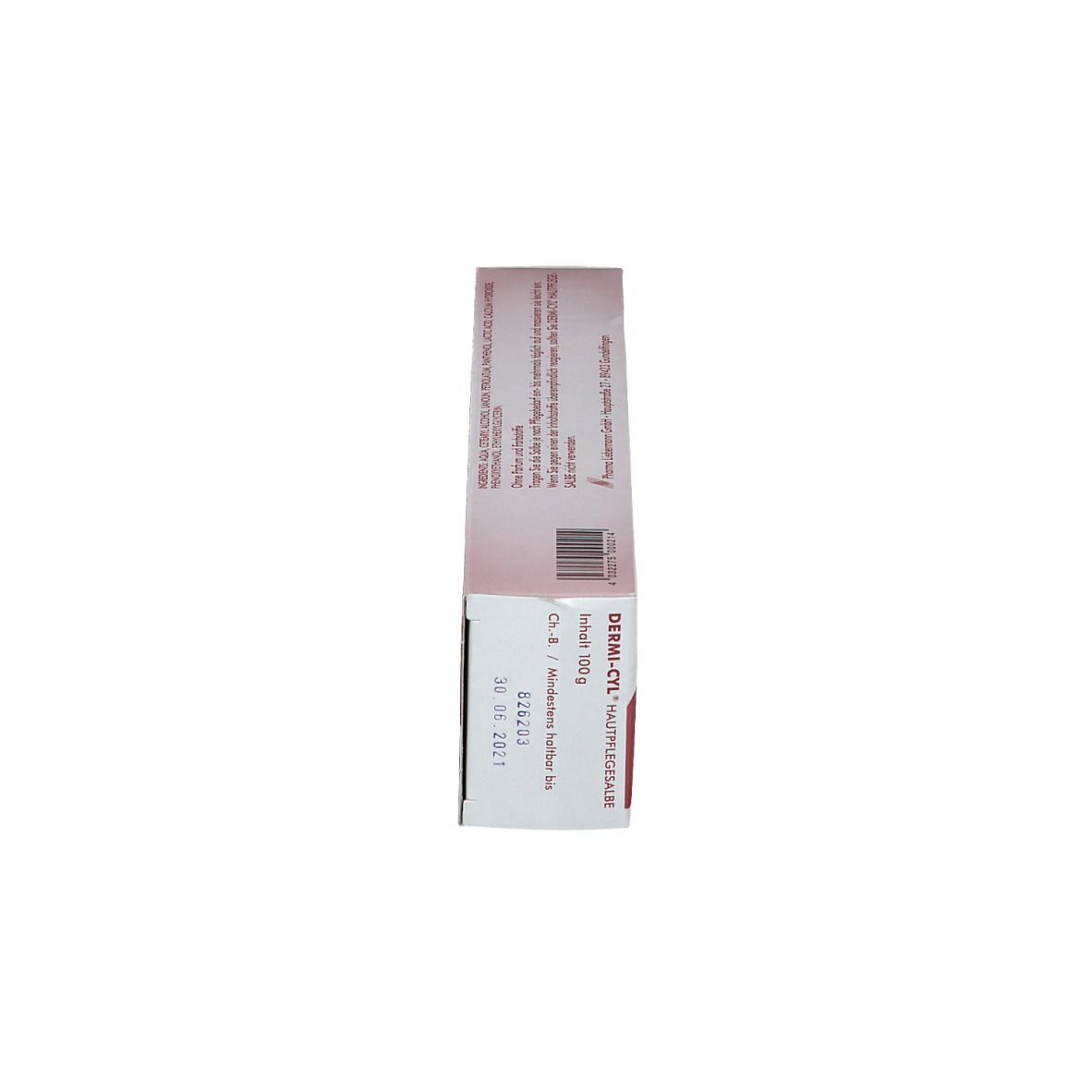 Seitenansicht der Schachtel Dermi-cyl® Hautpflegesalbe. Weiß mit roter Beschriftung. Textinformationen und Verfallsdatum.