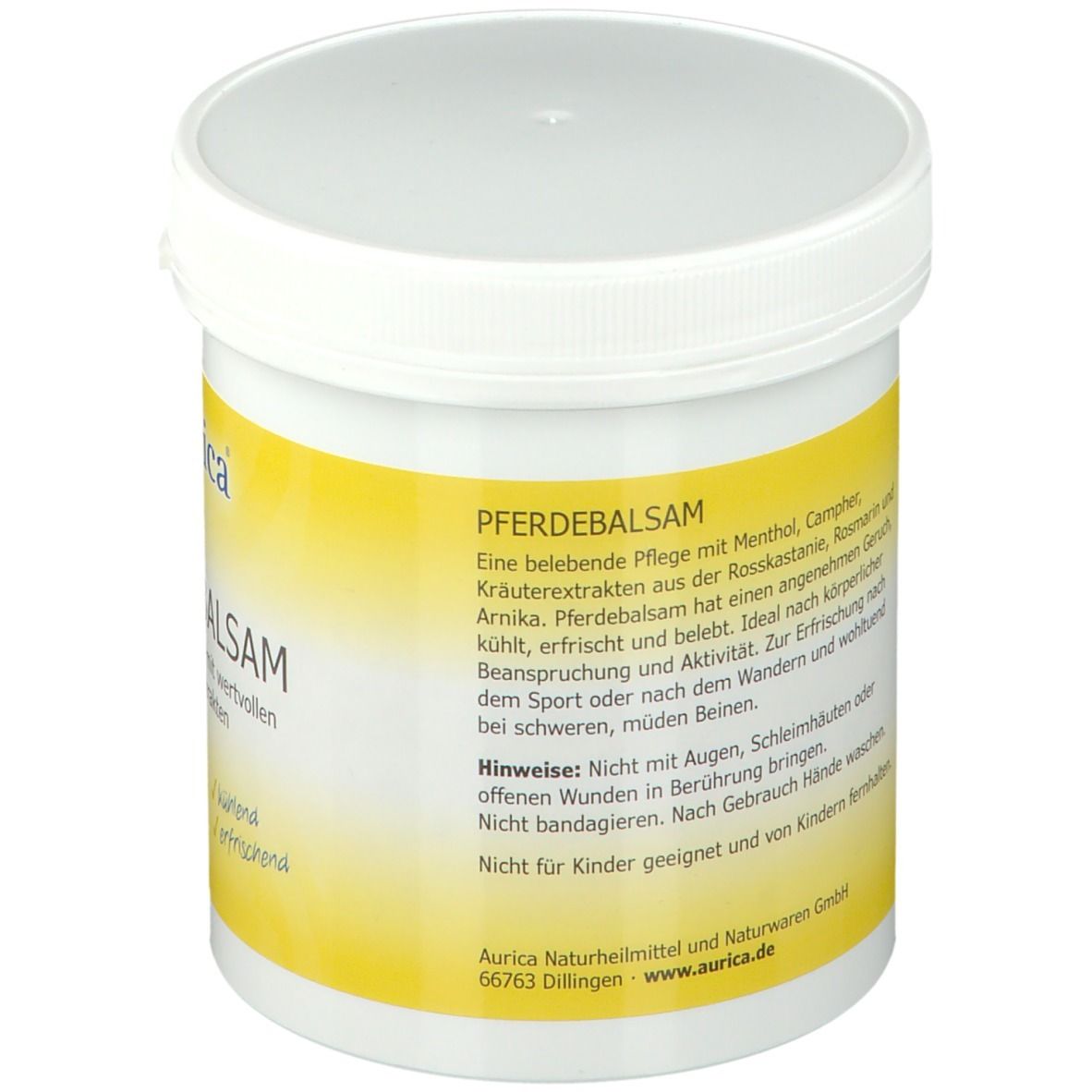 Weißer Tiegel mit gelbem Etikett. Aufschrift: Aurica Pferdebalsam. Rückseite mit Text.