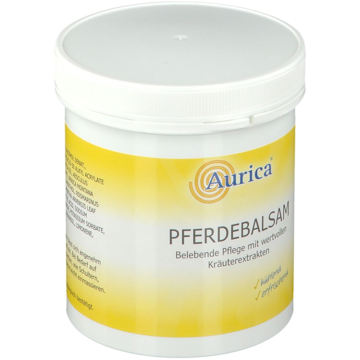 Weißer Tiegel mit gelbem Etikett. Aufschrift: Aurica Pferdebalsam. Rückseite mit Text.
