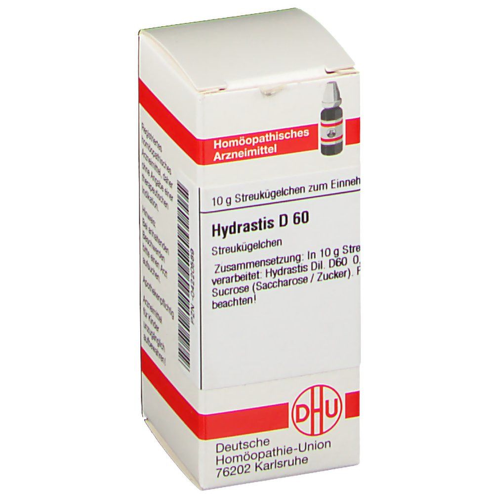 Weiße Schachtel mit roter Umrandung. Auf der Schachtel steht "Hydrastis D 60" und "10 g Streukügelchen zum Einnehmen". Logo der Deutschen Homöopathie-Union.