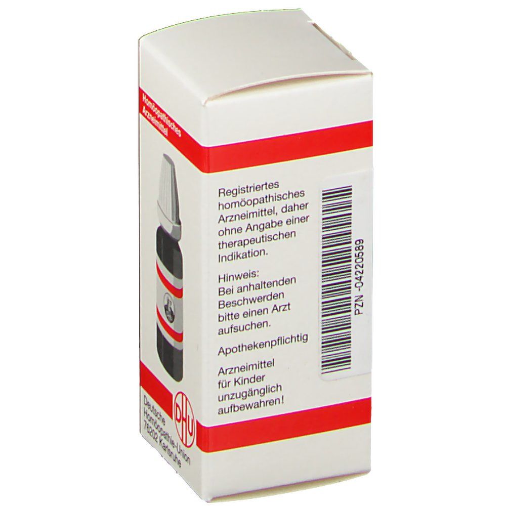 Weiße Schachtel mit roter Umrandung. Auf der Schachtel sind Informationen und das Logo der Deutschen Homöopathie-Union abgebildet.