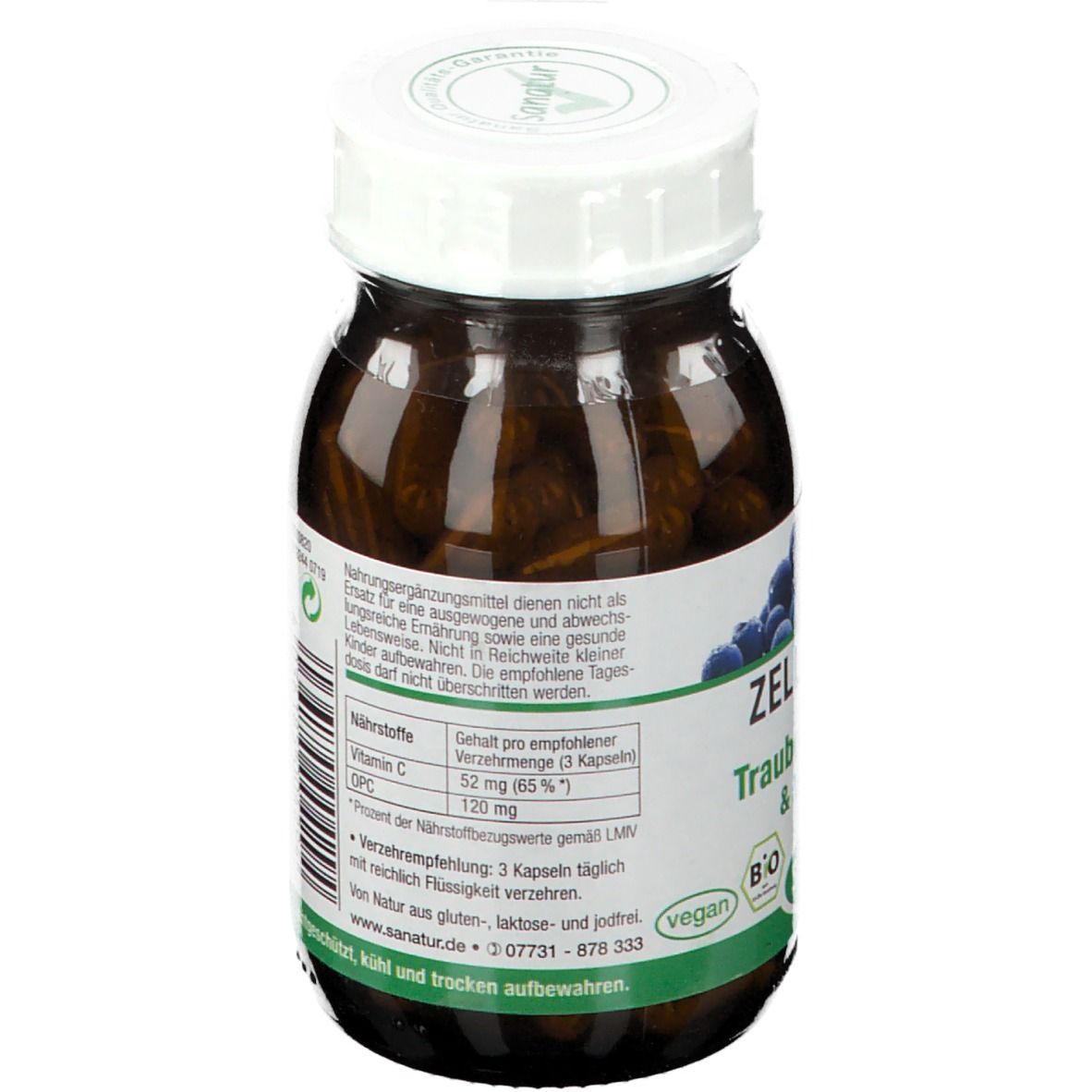 Glasflasche mit braunen Kapseln. Aufschrift: ZELLSCHUTZ Traubenkern OPC & Vitamin C. Nährwertangaben und Verzehrempfehlung.