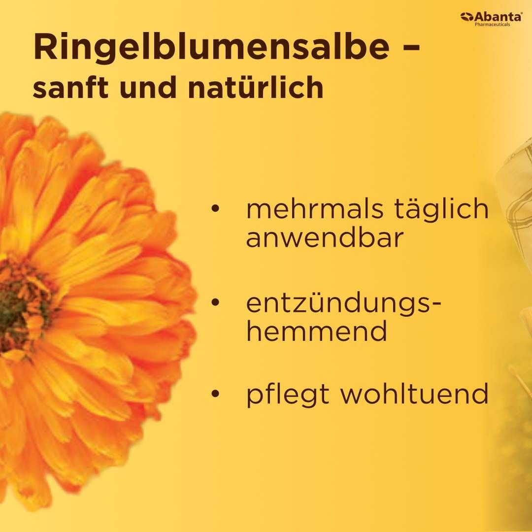 Große Ringelblume, Text über sanfte und natürliche Pflege, Anwendungshinweise.