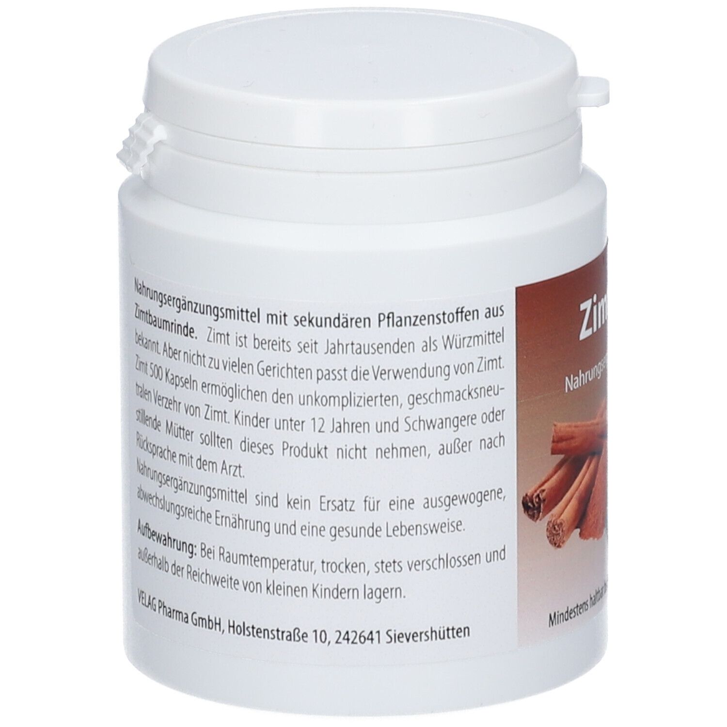 Récipient en plastique blanc avec couvercle. Texte sur le côté : compléments alimentaires, ingrédients et avertissements.