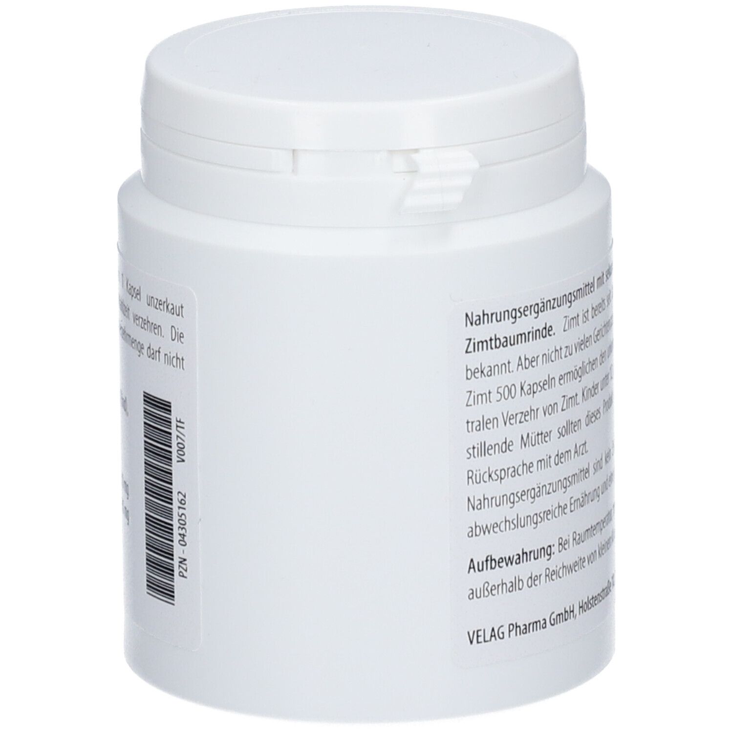 Récipient en plastique blanc avec couvercle. Étiquette avec code-barres et informations sur le produit.