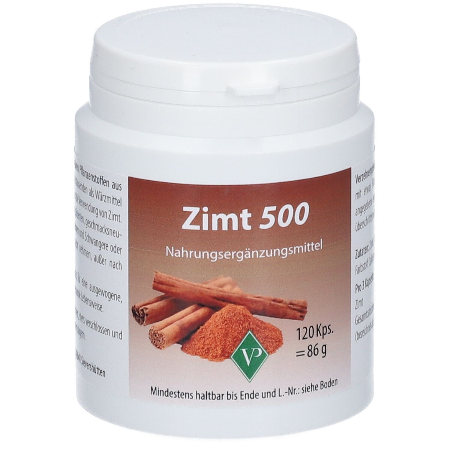 Récipient en plastique blanc avec couvercle. Étiquette avec nom du produit Zimt 500, image de cannelle et informations.