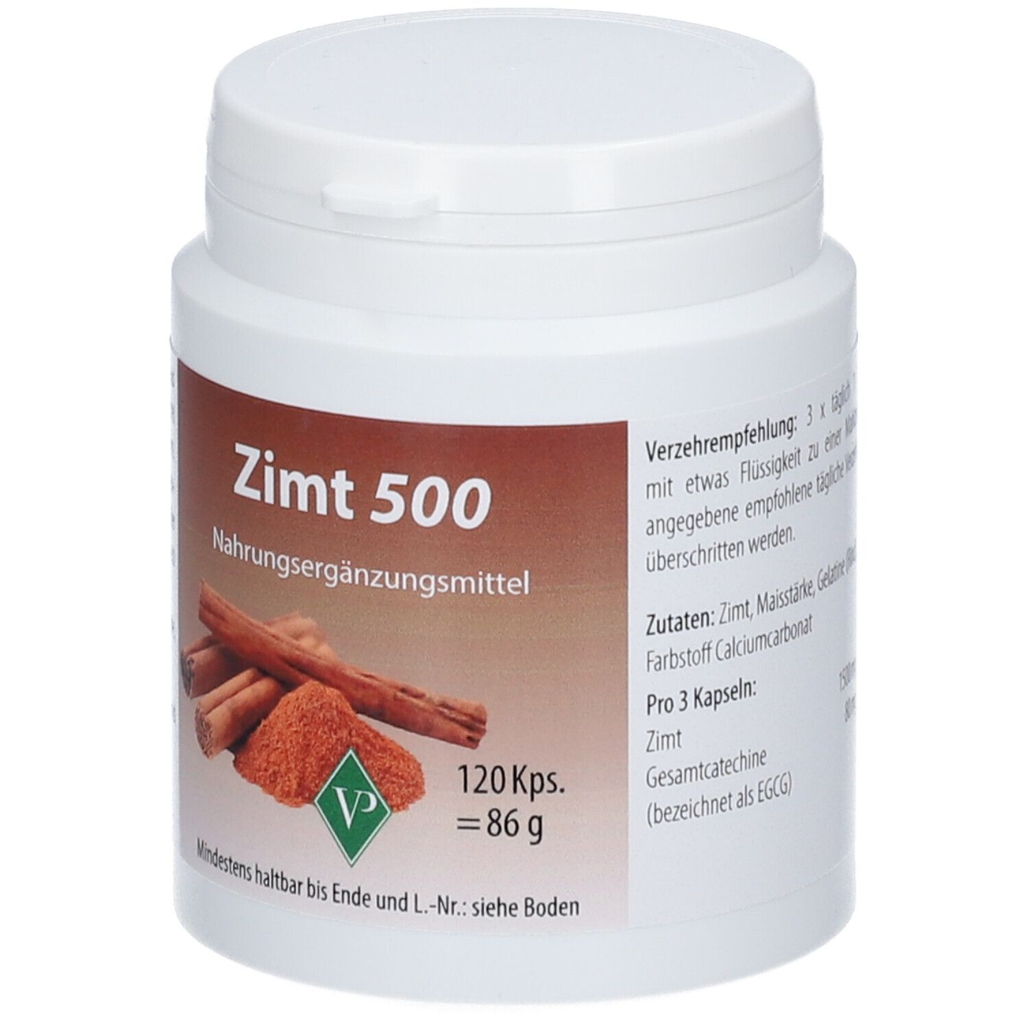 Récipient en plastique blanc avec couvercle. Étiquette avec nom du produit Zimt 500, image de cannelle et informations.