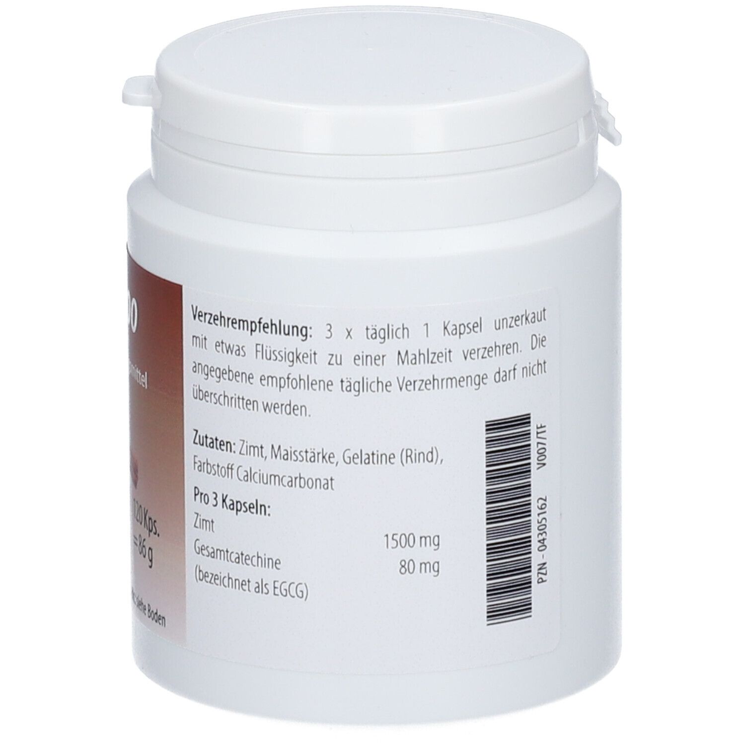 Récipient en plastique blanc avec couvercle. Étiquette avec nom du produit Zimt 500, image de cannelle et informations.