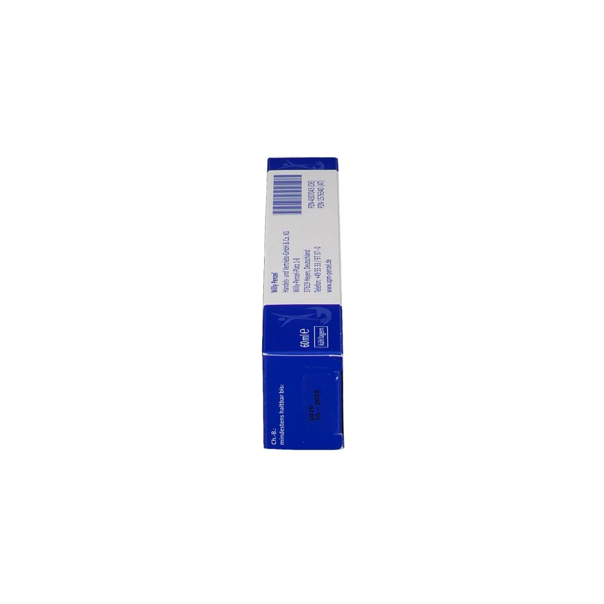 Emballage du produit bleu. Code-barres et informations du fabricant. Inscription APM-Creme.