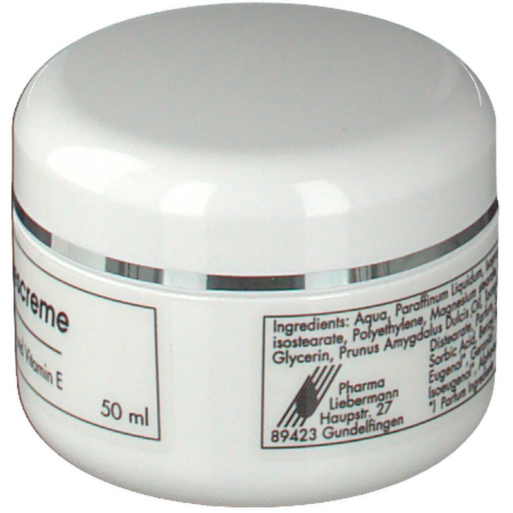 Pot blanc avec couvercle. Inscription : Ingrédients. Pharma Liebermann, Hauptstr. 27, 89423 Gundelfingen.
