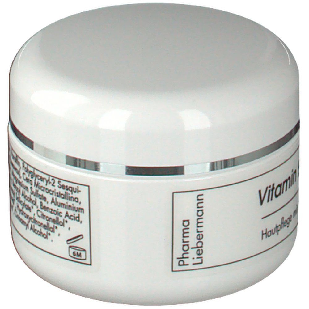 Pot blanc avec couvercle. Inscription : Ingrédients. Pharma Liebermann. Symbole 6M.