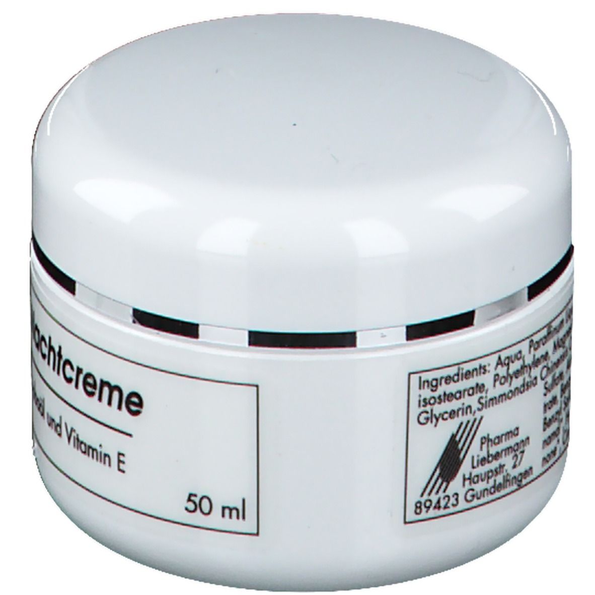 Weißes Tiegel mit "Vitamin E Nachtcreme". Aufschrift: Hautpflege mit Jojobaöl und Vitamin E. Rückseite mit Inhaltsstoffen.