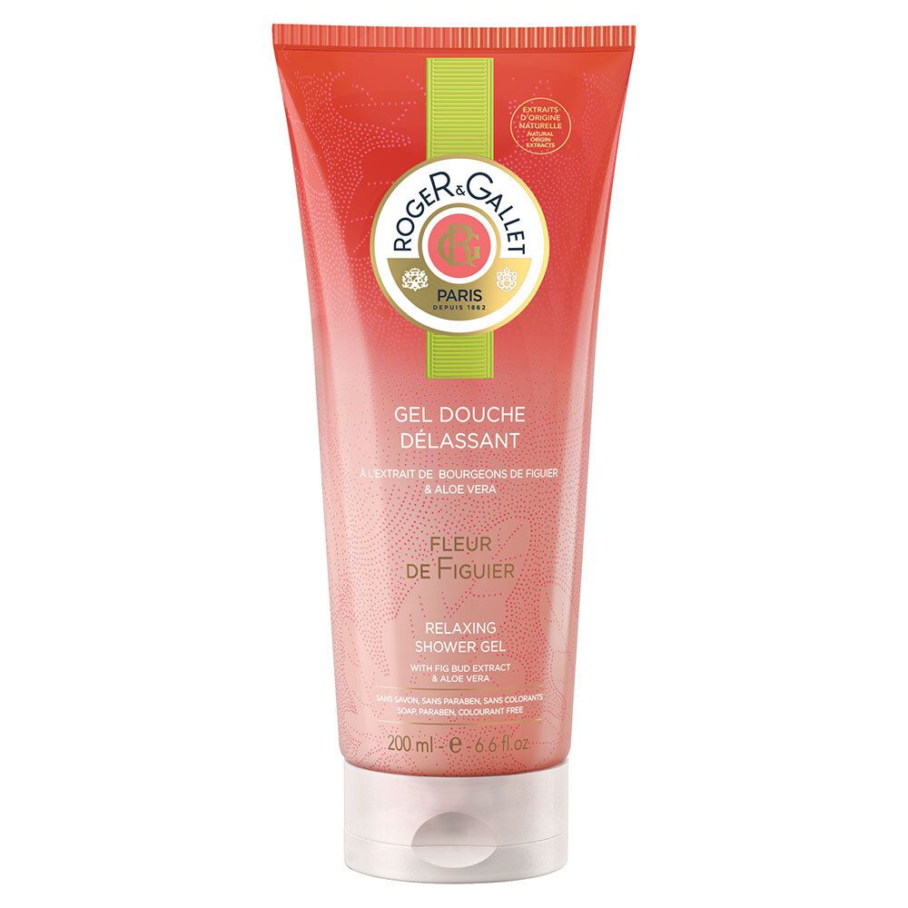 Gel douche relaxant en tube rouge. Logo et texte. Ingrédients et mentions. Bouchon blanc. Contenance 200 ml.