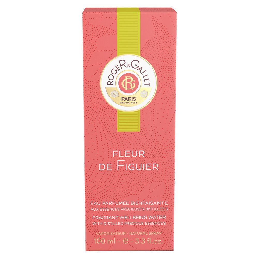 Boîte rose avec logo ROGER & GALLET. Inscription: FLEUR DE FIGUIER. Texte: Eau Parfumée, Fragrant Wellbeing Water, 100 ml.