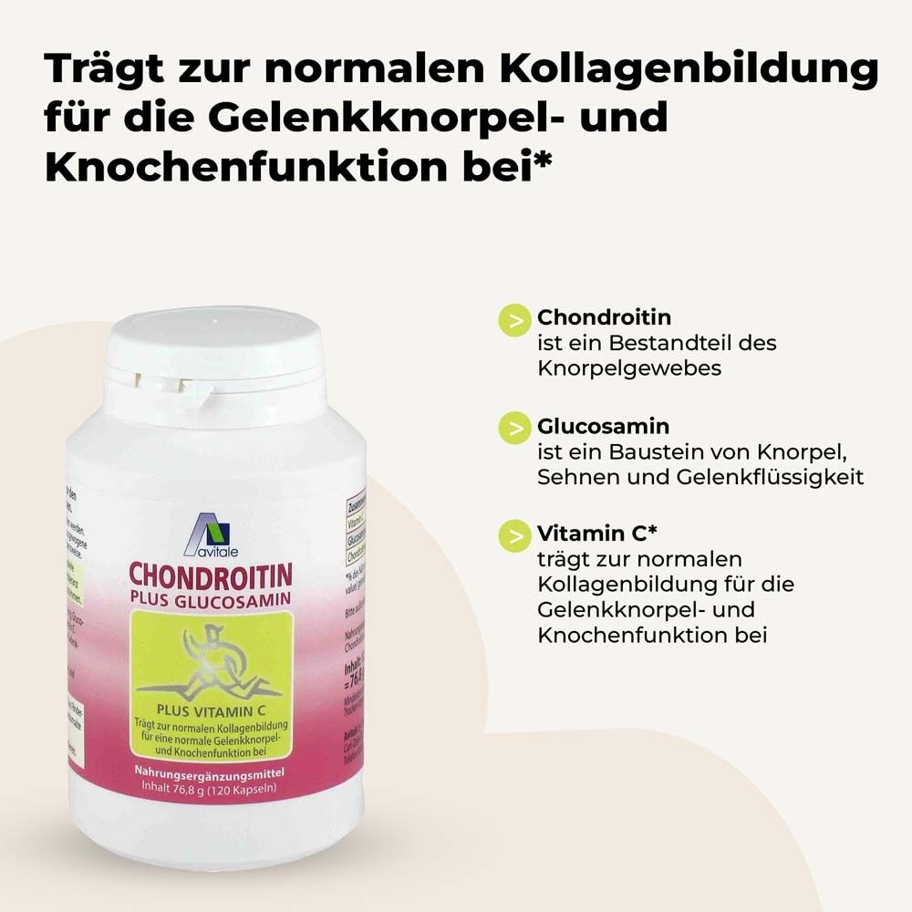 Flasche "Avitale Chondroitin + Glucosamin". Text: Trägt zur normalen Kollagenbildung für die Gelenkknorpel- und Knochenfunktion bei.
