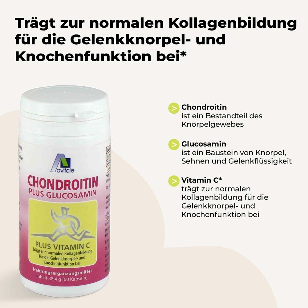 Weiße Dose Avitale Chondroitin + Glucosamin. Text: Trägt zur normalen Kollagenbildung bei. Zusätzliche Informationen.