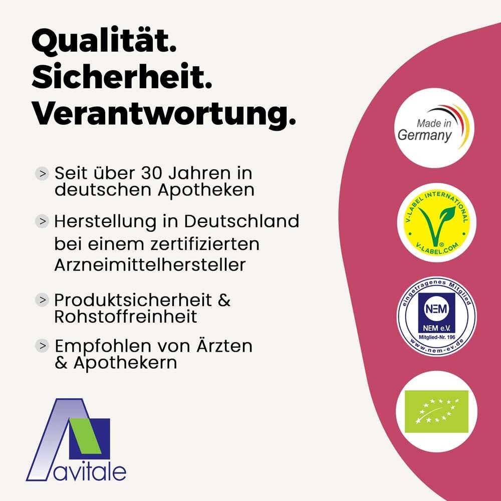 Qualitäts- und Sicherheitszertifizierungen. Logos: Made in Germany, V-Label, NEM, Bio-Siegel. Text.