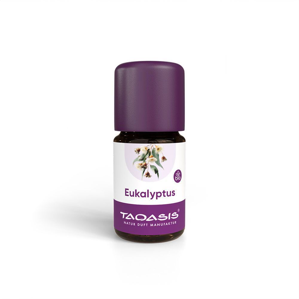 Braune Glasflasche mit lila Verschluss. Etikett mit floralem Motiv und Schriftzug Eukalyptus. Marke TAOASIS®.
