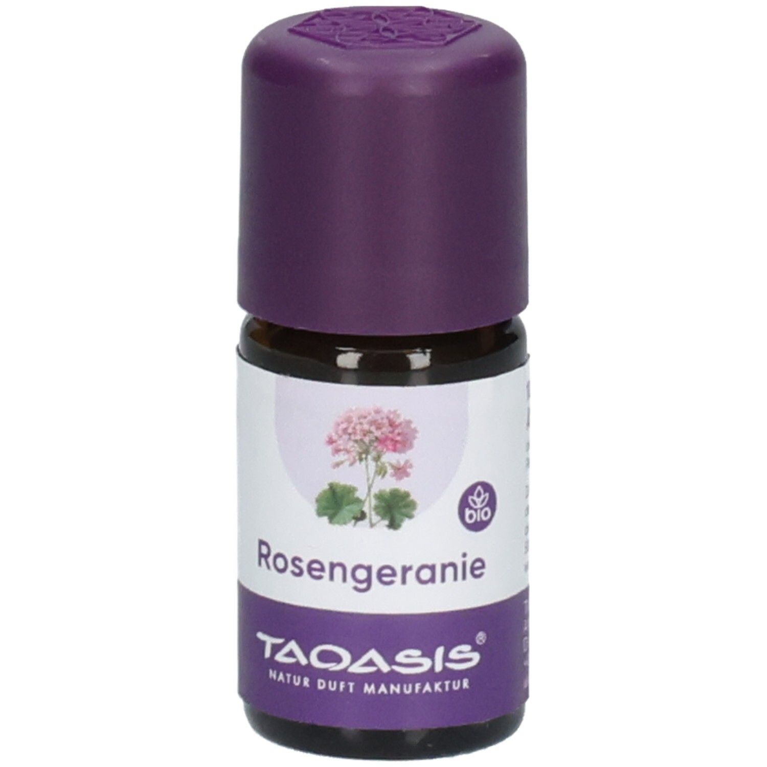 Braune Glasflasche mit lila Verschluss. Etikett mit Rosengeranie-Illustration und Text. Marke TAOASIS. Bio-Siegel.