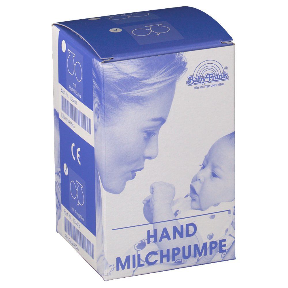 Boîte de la pompe à lait manuelle Baby-Frank. Carton bleu et blanc avec logo, illustration mère-enfant et texte: HAND MILCHPUMPE.