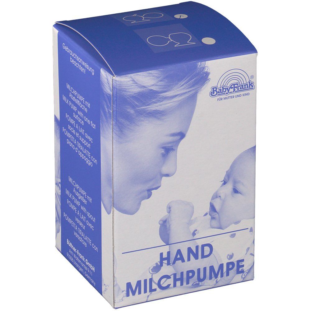 Emballage de la pompe à lait manuelle Baby-Frank. Carton bleu et blanc avec logo, illustration mère-enfant et texte: HAND MILCHPUMPE. Côté avec informations.