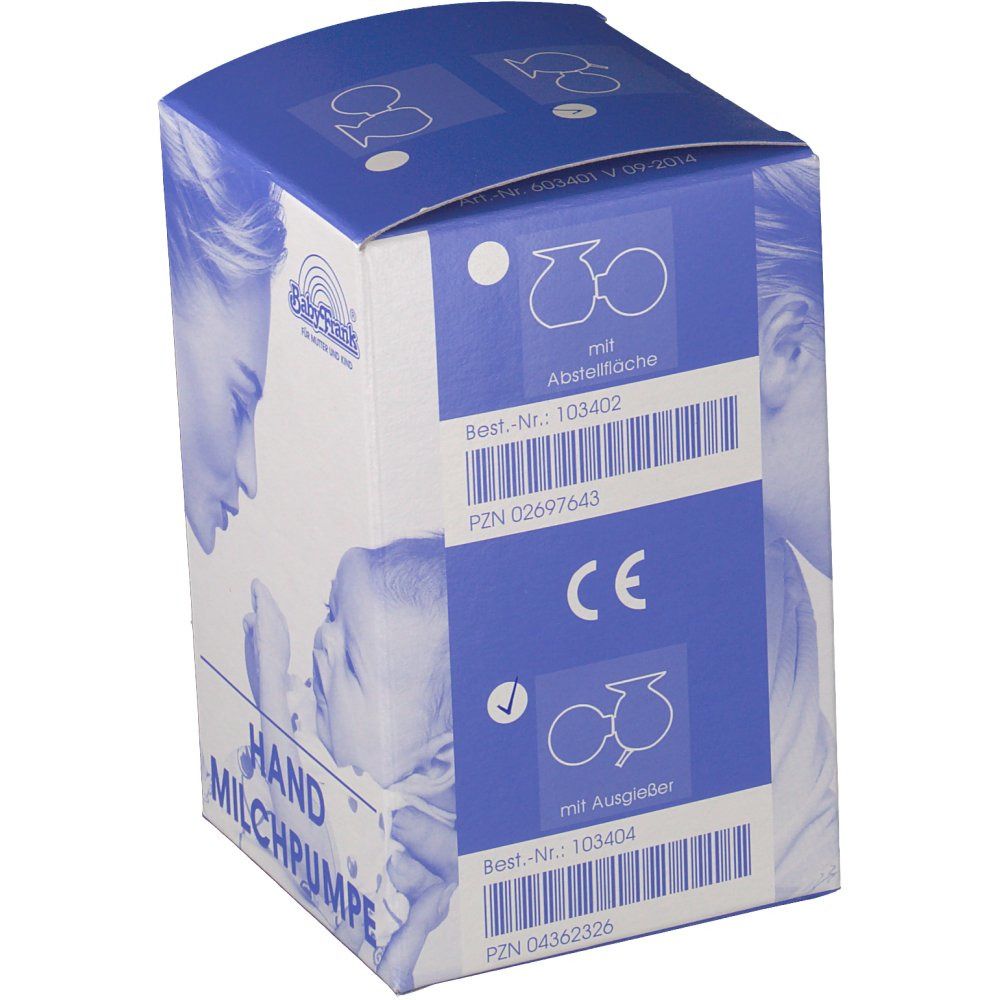 Emballage de la pompe à lait manuelle Baby-Frank. Carton bleu et blanc avec logo, illustration mère-enfant, marquage CE et texte: HAND MILCHPUMPE. Codes-barres.