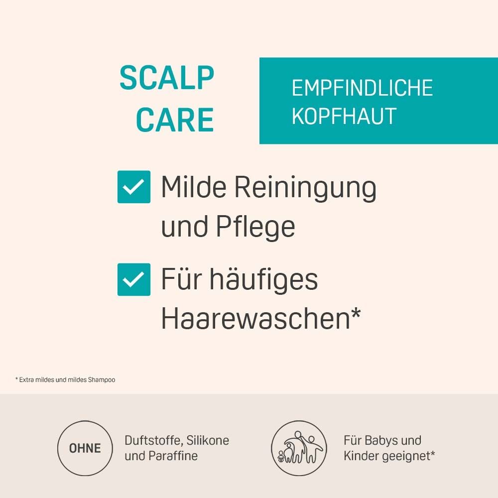 Text: SCALP CARE, EMPFINDLICHE KOPFHAUT. Milde Reinigung und Pflege. Für häufiges Haarewaschen. Ohne...