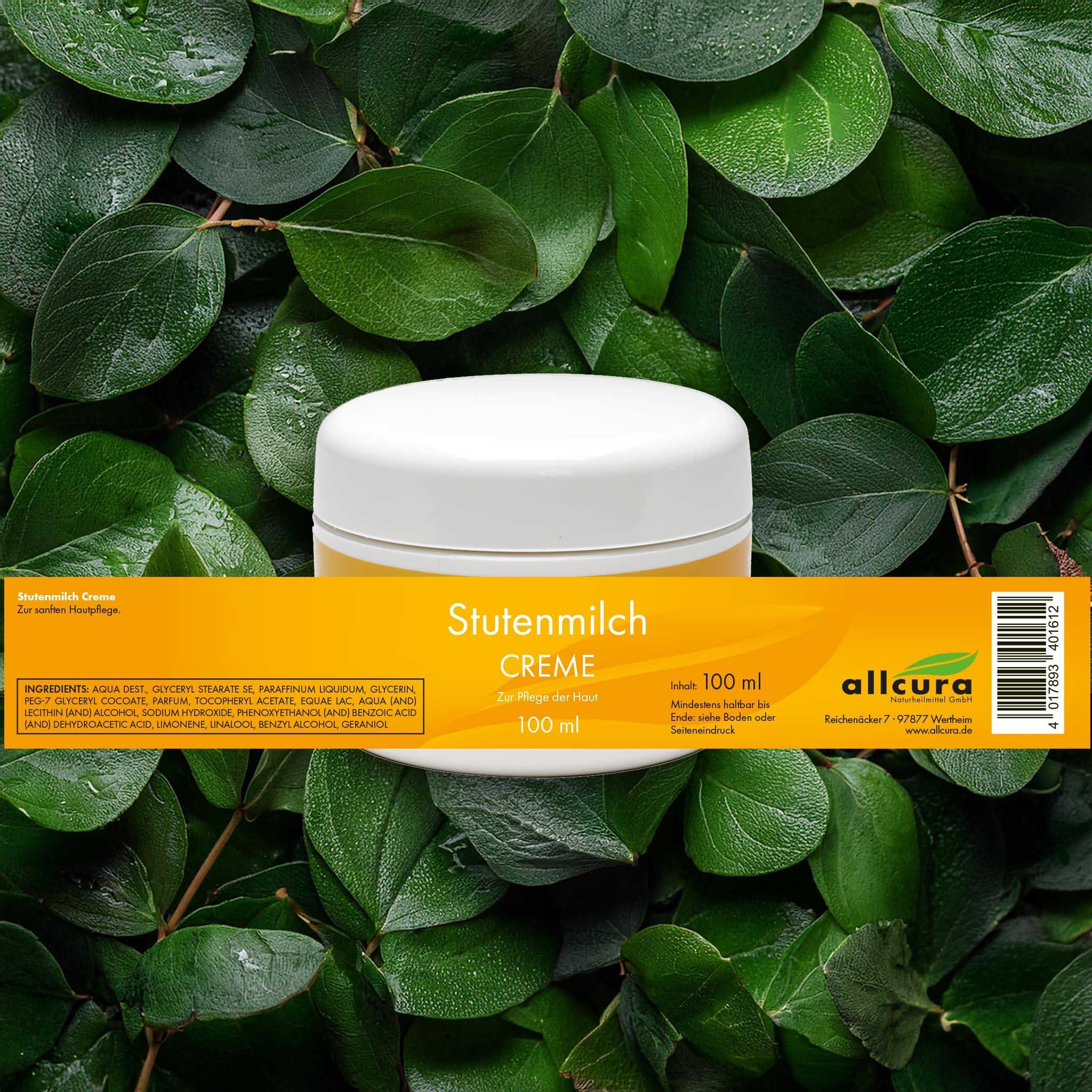 Pot blanc de crème au lait de jument, entouré de feuilles vertes. Sur l'étiquette: 100 ml. Ingrédients. Marque: allcura.